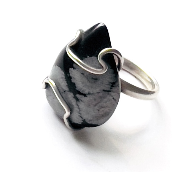 Snowflake Obsidian Statement Ring - 1" Teardrop - Adjustable -Vintage - Picture 1 of 11